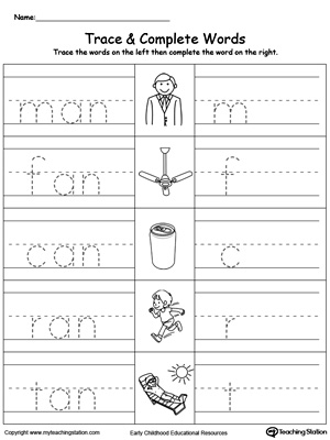 Trace then write the words themselves in this AN Word Family Trace and Write printable worksheet.
