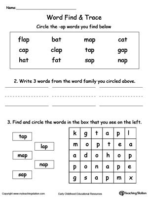 Find and trace words in this AP Word Family printable worksheet.