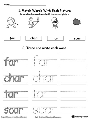Identify, trace and write words in this AR Word Family printable worksheet.