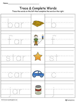 Trace then write the words themselves in this AR Word Family Trace and Write in Color printable worksheet.