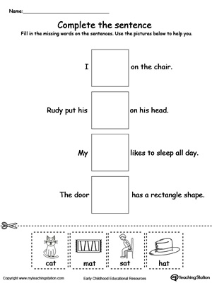 Complete the AT Word Family sentence in this printable worksheet.