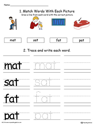 Identify, trace and write words in this AT Word Family printable worksheet in color.