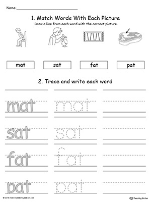 Identify, trace and write words in this AT Word Family printable worksheet.