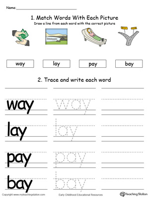 Identify, trace and write words in this AY Word Family printable worksheet in color.