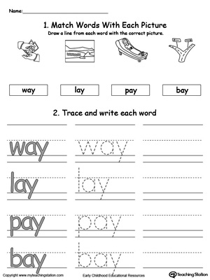 Identify, trace and write words in this AY Word Family printable worksheet.