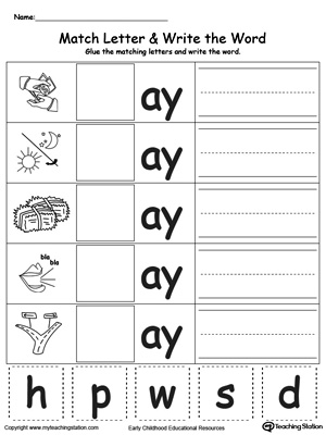Place the missing letter in this beginning sound AY Word Family printable worksheet.