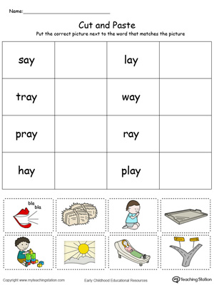 Learn word definition and spelling with this AY Word Family Match Picture with Word in Color worksheet.