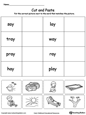 Learn word definition and spelling with this AY Word Family Match Picture with Word worksheet.