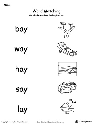 AY Word Family Match Picture and Word. Identifying words ending in  –AY by matching the words with each picture.