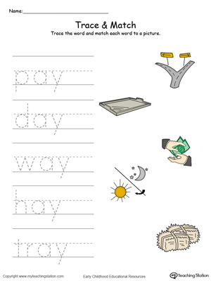 Match word with pictures in this AY Word Family printable worksheet in color.