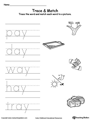 Write short words and identify sounds in this AY Word Family printable worksheet.