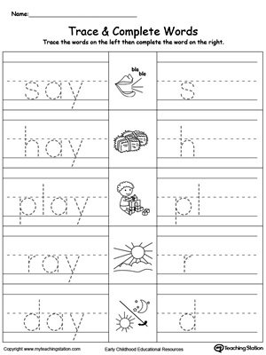 Trace then write the words themselves in this AY Word Family Trace and Write printable worksheet.