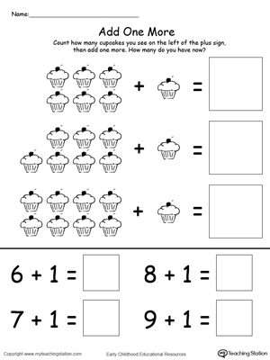 Learn addition by simply adding one more to the group of cupcakes in this math printable worksheet.