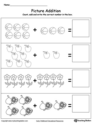 Learn addition by counting the pictures with this addition with pictures objects printable worksheet.