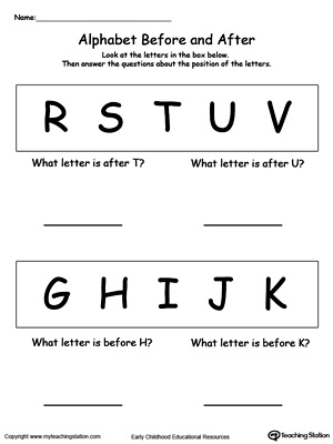 Before and after alphabet letters printable worksheet for teaching preschool kids. Browse more before and after worksheets.