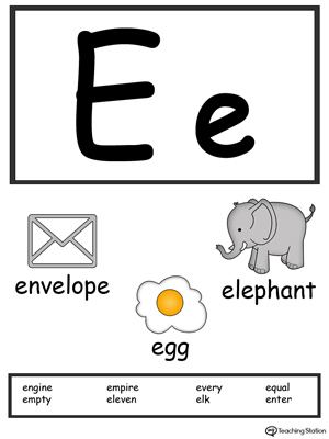 Recognize the letters and sounds at the beginning of words with Letter E Printable Alphabet Flash Cards.