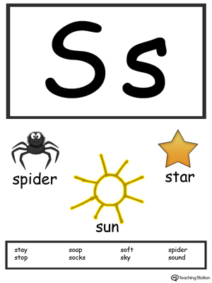 Recognize the letters and sounds at the beginning of words with Letter S Printable Alphabet Flash Cards.
