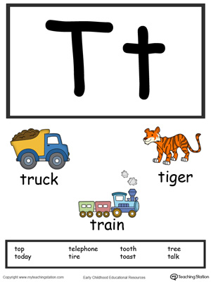 Recognize the letters and sounds at the beginning of words with Letter T Printable Alphabet Flash Cards.