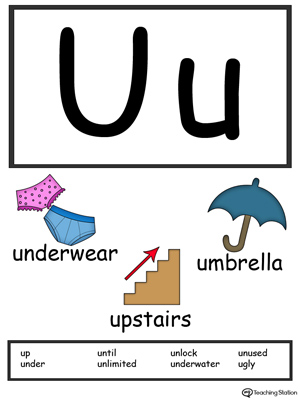 Recognize the letters and sounds at the beginning of words with Letter U Printable Alphabet Flash Cards.