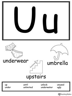 Recognize the sounds and letters at the beginning of words with this Letter U Printable Alphabet Flash Cards.