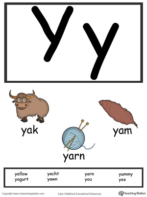 Recognize the letters and sounds at the beginning of words with Letter Y Printable Alphabet Flash Cards.