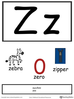 Recognize the letters and sounds at the beginning of words with Letter Z Printable Alphabet Flash Cards.