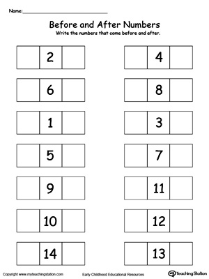 Practice identifying before and after numbers 0-15 with this printable math worksheet.