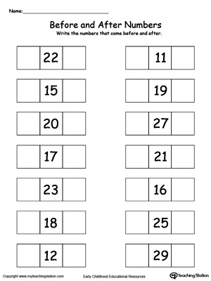 Practice identifying before and after numbers 10-30 with this printable math worksheet.