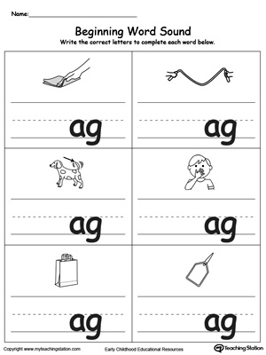 Learn sounds and letters at the beginning of words with this AG Word Family printable worksheet.