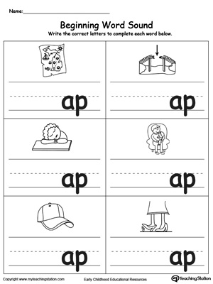 Learn sounds and letters at the beginning of words with this AP Word Family printable worksheet.