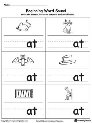 Learn sounds and letters at the beginning of words with this AT Word Family printable worksheet.