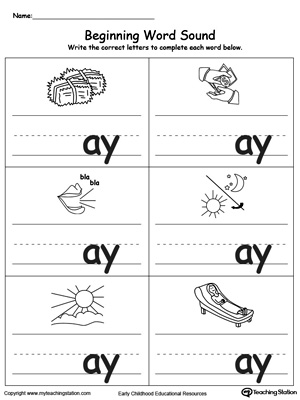Learn sounds and letters at the beginning of words with this AY Word Family printable worksheet.