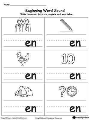 Learn sounds and letters at the beginning of words with this EN Word Family printable worksheet.