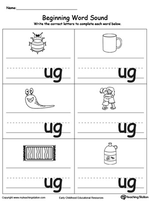 Learn sounds and letters at the beginning of words with this UG Word Family printable worksheet.