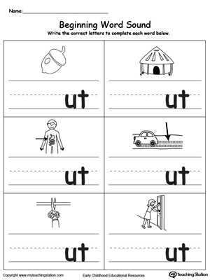 Learn sounds and letters at the beginning of words with this UT Word Family printable worksheet.