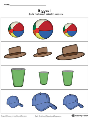 Practice the concept of big, bigger, and biggest. Identify the biggest object in this color printable math worksheet.