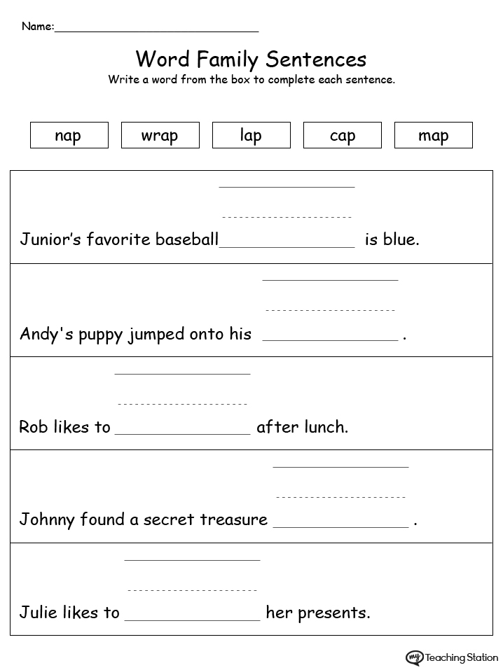 Use this printable worksheet to build sentences using words in the AP Word Family. Browse more word family worksheets.