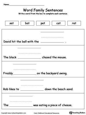 Use this printable worksheet to build sentences using words in the AT Word Family. Browse more word family worksheets.