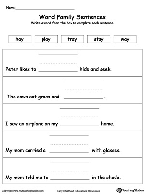 Use this printable worksheet to build sentences using words in the AY Word Family. Browse more word family worksheets.