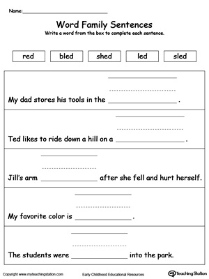 Use this printable worksheet to build sentences using words in the ED Word Family. Browse more word family worksheets.