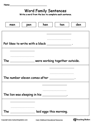 Use this printable worksheet to build sentences using words in the EN Word Family. Browse more word family worksheets.