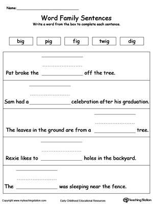 Use this printable worksheet to build sentences using words in the IG Word Family. Browse more word family worksheets.