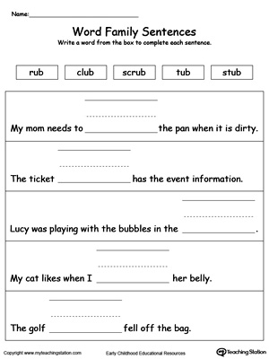 Use this printable worksheet to build sentences using words in the UB Word Family. Browse more word family worksheets.
