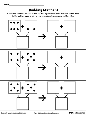 Learn addition by building numbers with dots in this printable math worksheet.