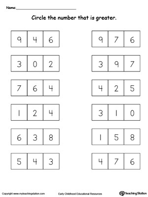 Compare and identify numbers that are greater than other numbers 1-9 in this math printable worksheets for kindergarten.