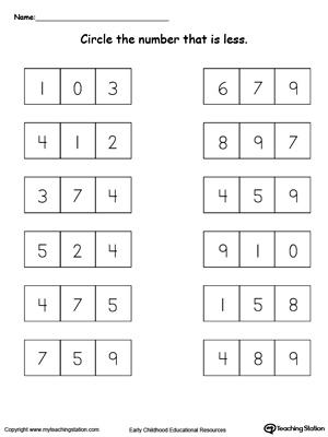 Compare and identify numbers that are less than other numbers 1-9 in this math printable worksheets for kindergarten.