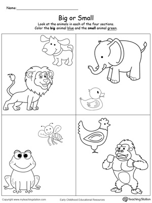 Learn the concept of big and small by comparing animal sizes in this printable worksheet. Browse more comparing worksheets.