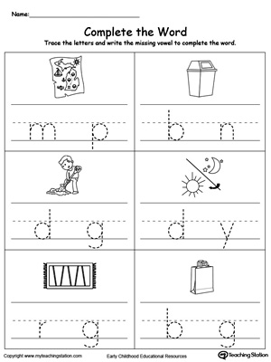 Complete the missing vowels in this reading and writing printable worksheet.