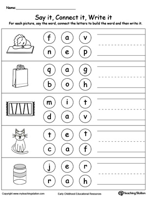 Build words by connecting the letters in this printable worksheet. Use words ending in AT, AP, AG, AR.