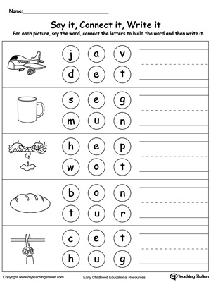 Connect Letters to Make a Word: ET, UG, UN, UT